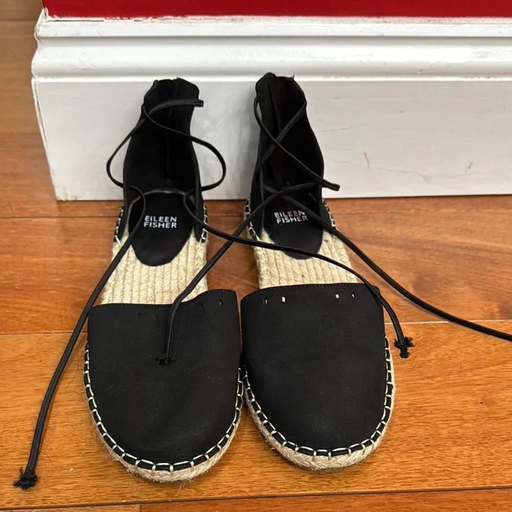 NWOT Eileen Fisher Lace-Up Black Suede‎ Espadrille Sandal Size 7.5